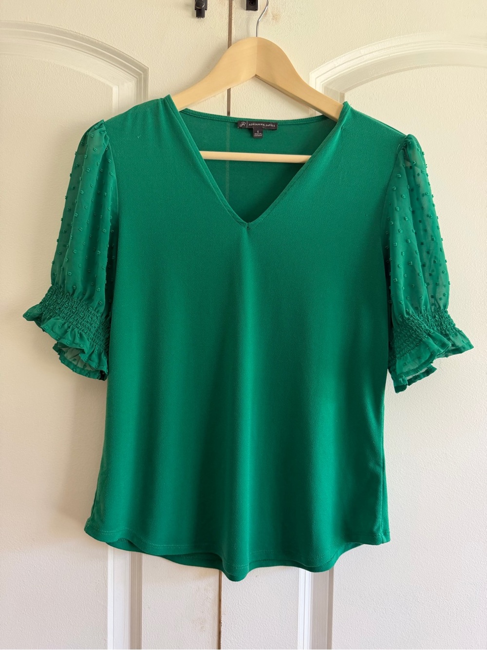 Adrianna Papell Green V-Neck Puff Sleeve Blouse Career Top